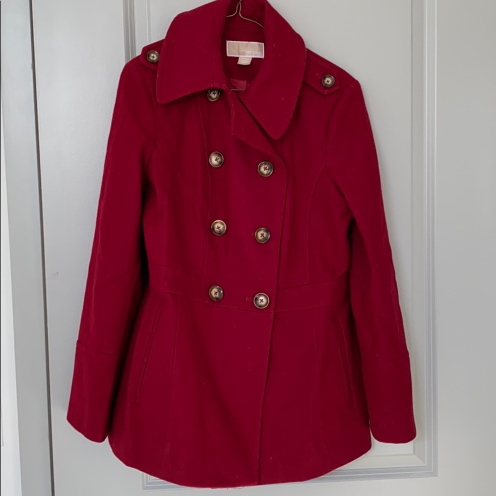 Red Michael Kors Double Breasted Wool Pea Coat